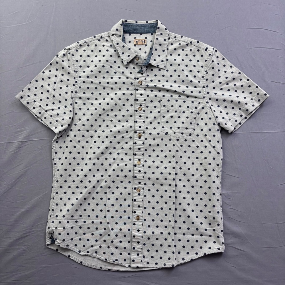 1901 Mens‎ Polka Dot Short Sleeve Button Down Shirt Grey Navy Blue Cotton Large